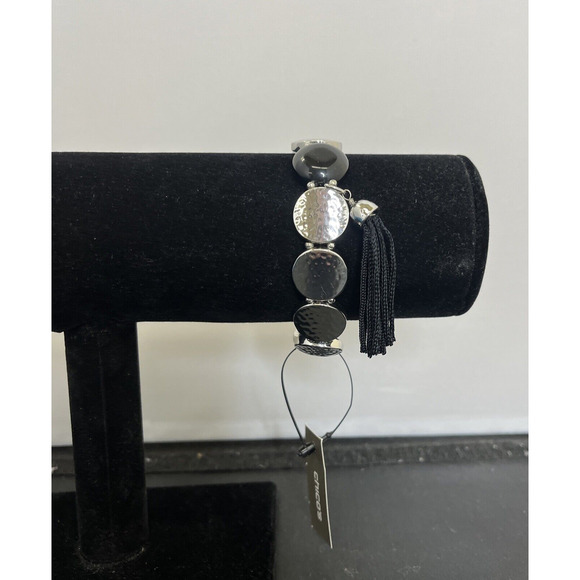 Chico's Jewelry - CHICO'S - Silver Hammered Metal Round & Black Cade Stretch Bracelet NWT) Charity